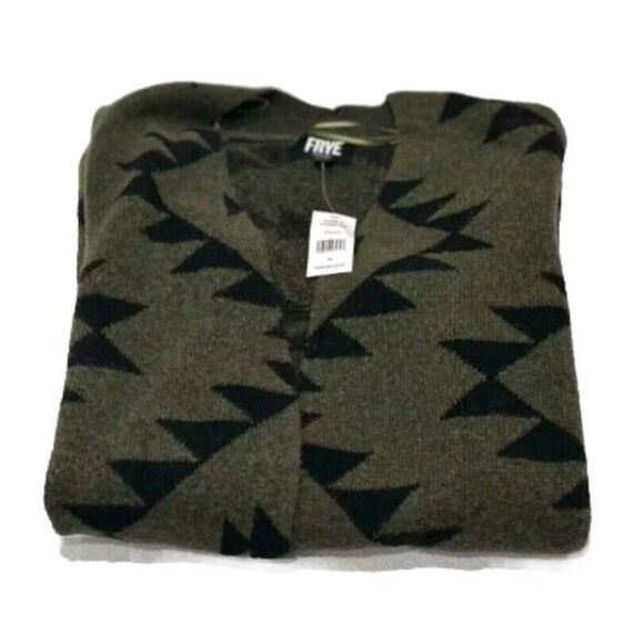 FRYE Womens S The Cozy Aztec Jacquard Luxe Open Front Cardigan Green Burnt Olive - Picture 2 of 7